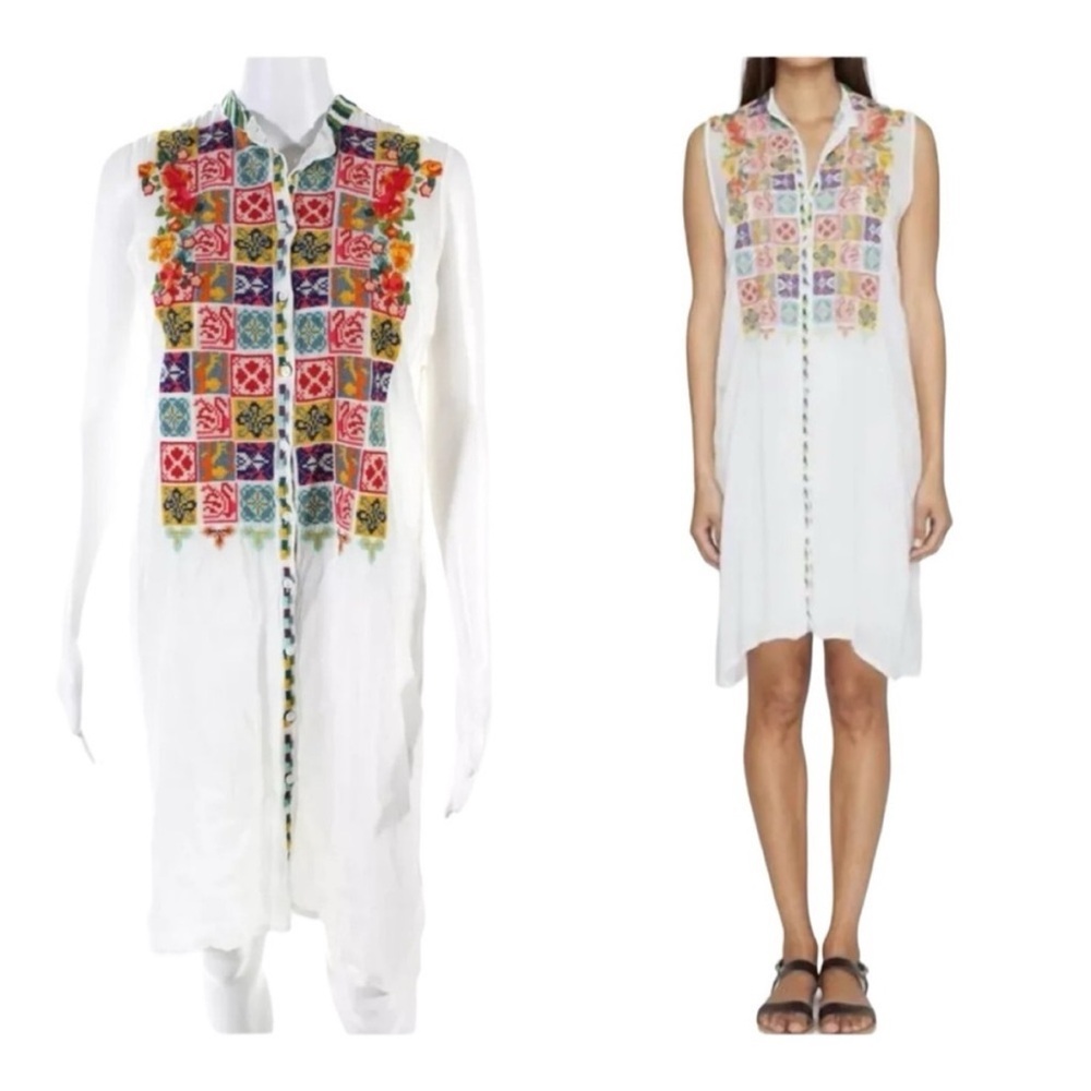 Johnny Was Torreya Embroidered Sleeveless Button Down Dress Cover Up